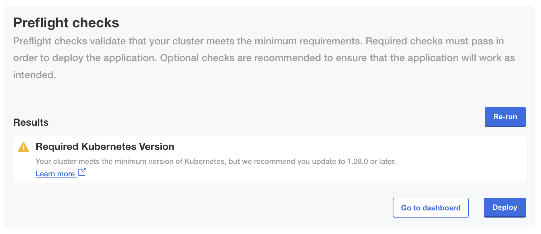 Preflight checks in Admin Console showing warning message